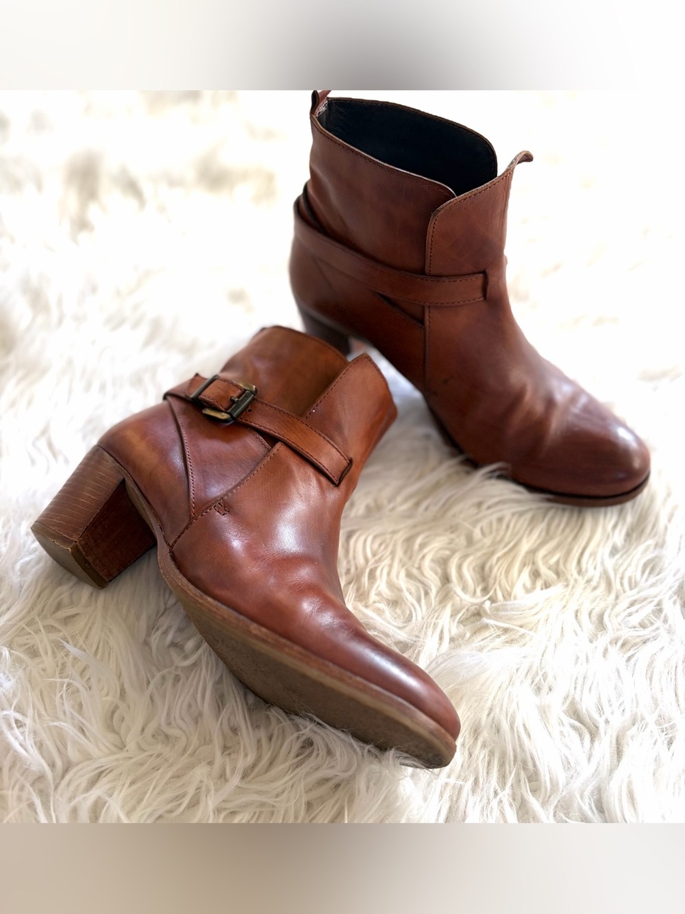 Rive Gauche Firenze Italian Leather Buckle Ankle Boots Tan Cognac Sz 7